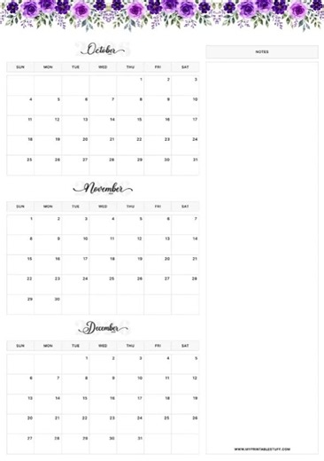 Printable Floral Elegance October November December 2026 Calendar | Free 3-Month Calendar