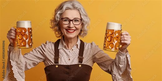 Older woman in traditional german trachten holding beer steins for oktoberfest