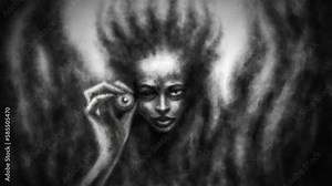 Evil witch demon holds her eye in hand 2D animation. Halloween dark ghost. Horror fantasy genre. Spooky visions of hell. Scary character from nightmares. Gloomy video clip. Black and white background.