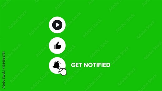 Get notified bell icon animation on green screen with like and play buttons, social media subscription alert overlay