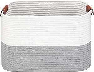 Large Cotton Rope Storage Basket with Leather Handles, Laundry Hamper Basket, 20 "L x 14" W x 12 "H, Durable & Stylish Organizer for Home.(Large Gray)