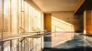 Luxury indoor swimming pool with lounge chairs and natural sunlight in a modern spa or wellness center interior design