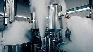 Industrial machines generating liquid nitrogen, with vapor clouds forming around storage tanks and robotic systems handling the cold containers.