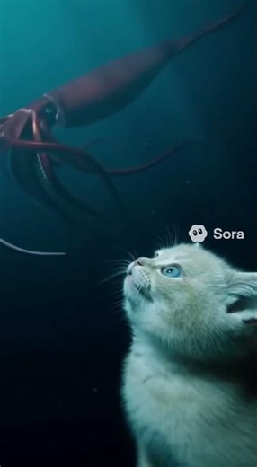 巨大なイカを見る猫