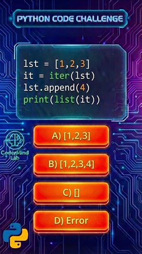 @CoderMind_lab on Instagram: "Iterator vs List Mutation 🤯🐍 | Python Iterator Trap . . . . . . #python #coding #facebookreels #pythontricks #pythoniterator codingquiz programmingtips codermind CoderMind codermindlab"