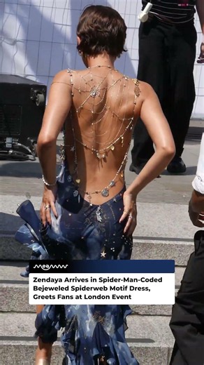 Zendaya Arrives in Spider-Man-Coded Bejeweled Spiderweb Motif Dress, Greets Fans at London Event