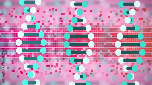 Pixel band pulsing, three double-helix motifs forming, twisting, visualizing digital assembly