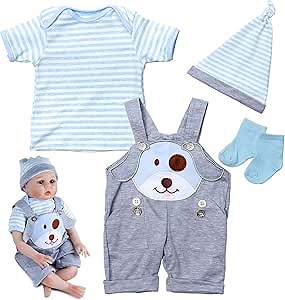 Reborn Baby Doll Clothes 20-22 inch Cute Dog Design Suspender Trousers 4-Pieces Set fit Reborn Dolls Boy Newborn Dolls Clothes