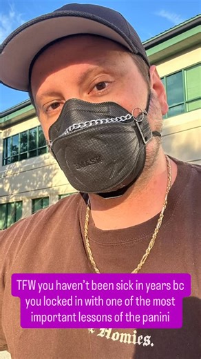 Matt McGorry on Instagram: "Everybody is 🤒…you can avoid it with this “one weird trick” Baby’s first time editing a reel 🥲 ⛓️Mask chains can be acquired from @dickswaggerdrag (🔗 in their bi-ohhh)⛓️ Video Description: A montage of a white man in a black baseball cap wearing various N95s with mask chains on them as he looks into camera. The last shot is of a really beautiful sunset on the water as he wears a black KN95 with no mask chain."