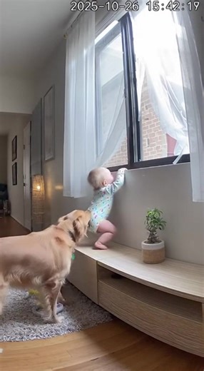 110K views · 1K reactions | A curious baby climbs toward a high open window when the family dog heroically tugs them back onto the rug. Moments later, Mom rushes in, shocked and grateful. | Wowjustwow | Facebook