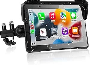Motorcycle CarPlay Screen, 7 Inch Waterproof Touchscreen, Portable Carplay & Android Auto GPS Navigation Screen for Motorbike,Support Dual Bluetooth, Car GPS, Siri, G00gle Assistant, TF-128G