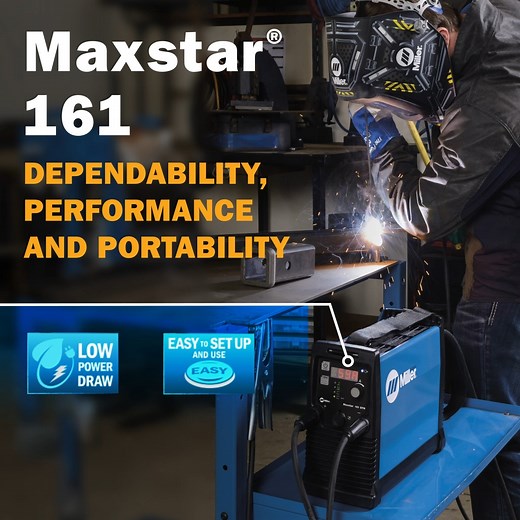 Why is the Maxstar® 161 such a popular option for both in-shop and in-field applications? • Highly portable - weighs only 13 lbs • TIG and Stick welding capability • Low power draw for energy savings • Get welding faster with easy setup Check out the current Build with Blue Rebate to learn more about how you can score a $300 rebate on this highly versatile machine. bit.ly/443ok8f | Miller Welders