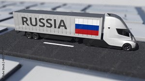 Flag of Russia on moving truck and computer keyboard. International shipping related looping 3d animation