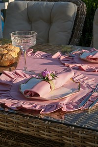 Pink Ruffled Table Linen Set, Romantic Farmhouse Dining