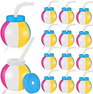 Nuanchu 12 Pcs 14 oz Summer Beach Ball Cups with Straws and Lids Plastic Sipper Reusable Party Cups Bulk Beach Summer Theme Party Favor for Kids Birthday Sports Theme Supplies