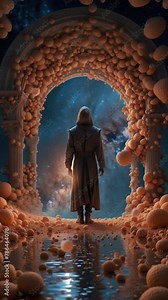 Time Traveler: Man in front of a Space Portal.A space portal that seems to defy the laws of time and space. The illustration shows a concept of time travel and space exploration.