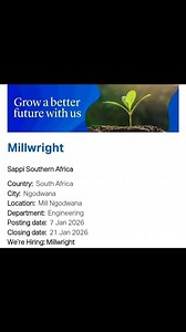 SAPPI is hiring - Rigger - Fitter - Millwright - Technician (Air-conditioning) Location: Mill, Ngodwana Closing date: 21/22 January 2026 Apply using link: https://careers.sappi.com/go/EN_US-View-All-Jobs/9232201/ Opportunities With Thabang WhatsApp Channel: https://whatsapp.com/channel/0029Vadi8px42DcfdTWUPa30 Good Luck! #OpportunitiesWithThabang | Mabulana-Maseko Foundation
