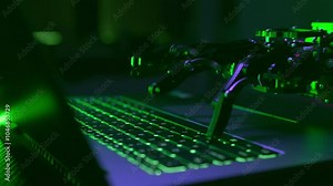 Robot hand working and typing on pc keyboard with AI Technology. Artificial intelligence mechanical arm with computer. Futuristic high-tech innovation concept Stock Video
