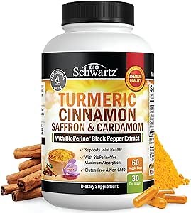 Turmeric Supplement with Saffron, Cinnamon and Cardamom Plus BioPerine Black Pepper Extract for Optimal Absorption, Natural Tumeric Curcumin Joint Support Supplement for Women and Men, 60 Capsules