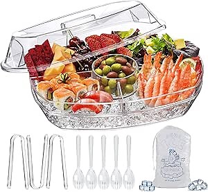 LIMOEASY Chilled Serving Tray, 15" Clear Plastic Party Platter with 4 Compartments, Ice Serving Bowl with Lid, Shrimp Cocktail Serving Dish, Cold Food Buffet Server for Fruit, Veggie, Appetizer, Sushi