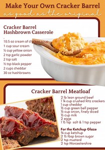 Cracker Barrel at home? Yes, please! 🧀❤️ https://spaceshipsandlaserbeams.com/cracker-barrel-hashbrown-casserole/ Ingredients 1. Cracker Barrel Hashbrown Casserole 10.5 ounces cream of chicken soup 1 cup sour cream ½ cup yellow onion, chopped small (about ½ of a medium onion) 2 teaspoons garlic powder 2 teaspoons salt ½ teaspoon black pepper 2 cups sharp cheddar cheese, shredded and divided in half 30 ounces hashbrowns, shredded and thawed/room-temperature 2. Cracker Barrel Meatloaf Recipe For t