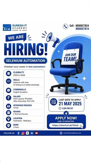 Hiring passionate freshers for **Selenium Automation Testing** roles