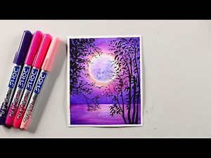 Beautiful Moonlight scenery painting with DOMS brush pen - easy oil pastel drawing for beginners