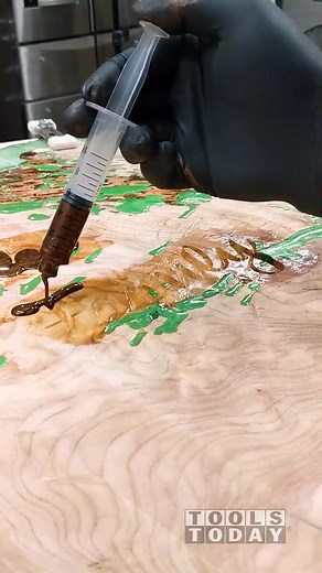 What do you think of this look? Carving and filling with some TotalBoat High Performance Epoxy into this honey locust burl using the RC-1102 90 degree insert carbide v-bit and flattening it on the Axiom AR8 CNC machine with the Amana Tool RC-2255 3 wing insert carbide flattening bit, all available on our website! - - - - - - - #TeamTOOLSTODAY - - - - - - - #toolstoday #cncmachine #cnc #maker #makersgonnamake #cncrouter #oddlysatisfying