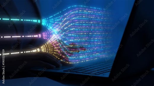 analyst is using big data technology and data science illustration. Data flow concept. Querying, analyzing, visualizing complex information. Neural network for artificial intelligence. Data mining.