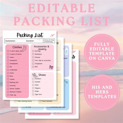 Editable Packing List | Travel Packing Checklist | Canva Printable and Digital Template | His & Hers Templates | Instant Download - Etsy UK