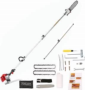58CC Pole Saw Gas Powered, 2 Stroke Gas Pole Chain Saw Cordless Tree Pruner, 16 FT Extendable Chainsaw Tree Trimmer with 11.5inch Cutting Bar for Tree Branch Pruning-Red