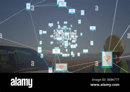 Animation of network of connections over solar panels and male engineer. environment, sustainability, ecology, renewable energy concept digitally generated video Stock Video Footage - Alamy