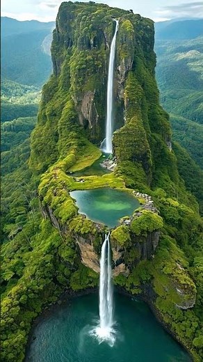 Unbelievable Tepui Waterfall: Double Drop Cascade & Natural Infinity Pool (Lush Green Plateau) 💚