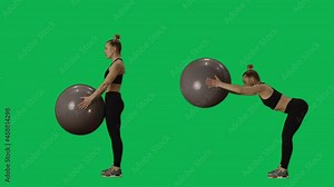 Young woman does exercises with the ball, squatting and bending over. Fitness for women. 2 in 1 Collage Front and side view full length on green screen background. Slow motion ready 59.94fps.