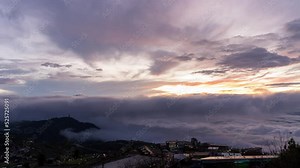 Timelapse foggy or over the clouds while sunrise sky. A sea of fog is formed from stratus. Fog Valley mount ridge nature. Time lapse Beautiful foggy and cloudy slow moving. Timelapse scene B roll 4k.