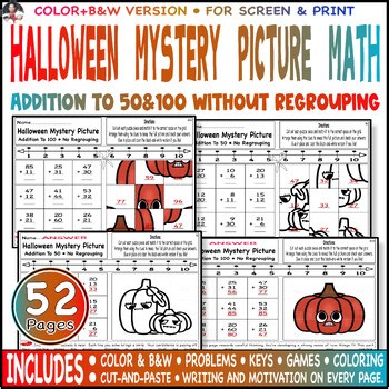 Addition 50 & 100 Without Regrouping, Number line | Halloween Mystery Picture
