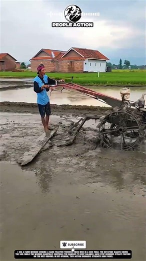 Farm People Operating Hand Tractor During Rice Field Preparation Action
