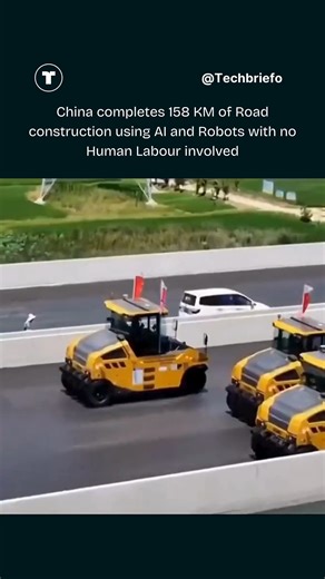 Tech Briefo on Instagram: "158 km of road, built by AI and robots—without a single human on the crew. Large-scale road construction is now being handled by coordinated fleets of intelligent machines that rely on digital maps, sensors, and constant data exchange instead of traditional on-site teams. Autonomous rollers, pavers, trucks, and surveying units follow pre‑programmed plans from high‑resolution terrain models, while AI fine‑tunes speed, spacing, material thickness, and compaction in real 