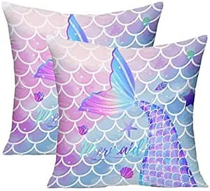 MUSOLEI Mermaid Pillow Cover,18x18 Pack of 2 Square Soft Mermaid Tail Blue Pillow Cases with Zipper Mermaid Nursery Decor Girl Bedroom Decor Little Mermaid Room Decor for Girls Couch Sofa Living Room