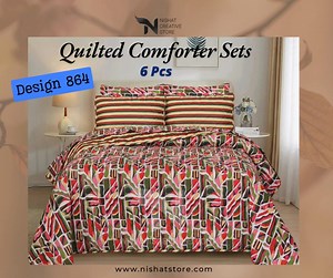 2.1K views | Quilted Comforter Set 6 Pcs Design 864 1 x Quilted comforter with Polyester filling ( 90 x 95 inches) 2 x Quilted Pillow Covers with light polyester ( 19 x 29 Inches) 2 Plain pillow Covers ( 19 x 29 Inches) 1 x Bed sheet (95 x 100 inches) Fabric Quality: 100% cotton Filling : Polyester Wadding 250 Gsm Shop now at Nishat Store #bedding #roomdecor #nishat #sleepbetter #sale | Nishat Creative Store | Facebook