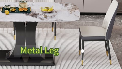 Modern Dining Table Set for 6, Marble Kitchen Table Chair Set for 6, Rectangular Kitchen Table with 6 Pu Leather Upholstered Chair for Dining Room