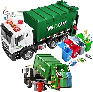 Garbage Truck Toy, Large Friction Powered Trash Truck Toy with Light and Sounds, 4 Trash Bins and Learning Cards for Kids