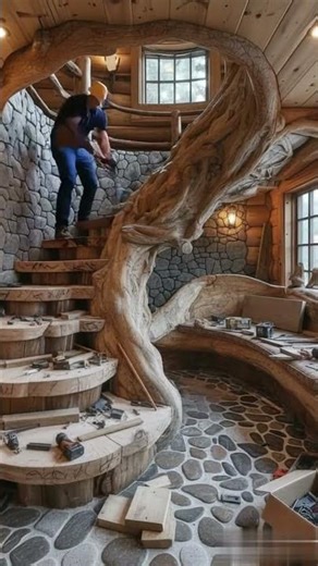Rustic Mansion Stairs: Tree Trunk Design 🌲🏡 | Elegant Dream Villa #shortsfeed