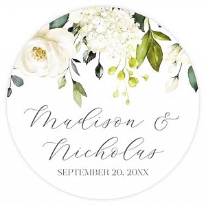 Personalized Floral Wedding Stickers with Your Choice of 30 Flower Styles - Choose Font and One of Five Pre-made Phrases or Add Custom Text (010 - White Flowers)