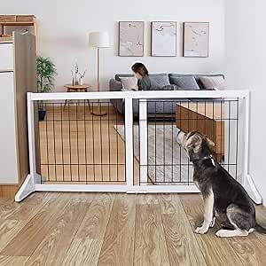 ZJSF Free Standing Indoor Dog Gate for The House Expandable Freestanding Dog Gates Indoor Wood White Expandable Pet Gate Adjustable Extra Wide Puppy Gates 24 inches Tall Width from 30 to 53 inches
