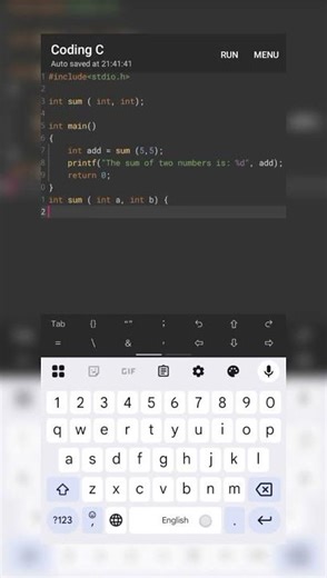 C Programming me two numbers sum using call by value #typing #coding #clanguage #viral #short