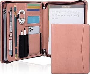 Business Portfolio Binder,Leather Portfolio,Portfolio Organizer,Leather Folder,Padfolio,File Folders，Portfolio Folder,Binder with clipboard,Office ornanziation (Pink)