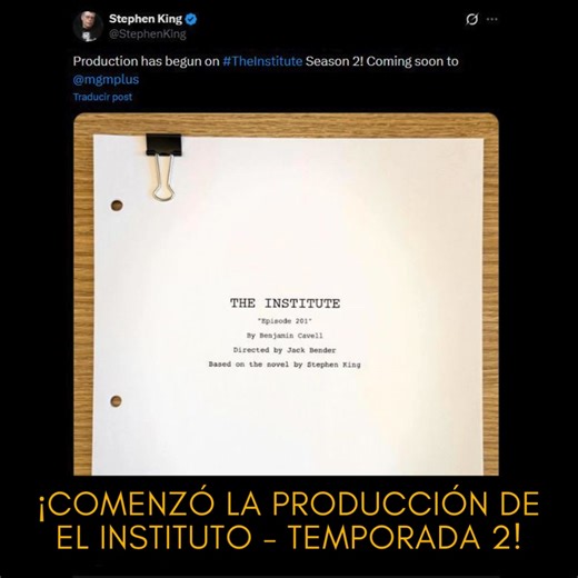 📺 EL INSTITUTO - COMENZÓ LA PRODUCCIÓN DE LA SEGUNDA TEMPORADA Stephen King anunció en X que ha comenzado la producción de la segunda temporada de El Instituto, la serie de MGM . 😎 La primera temporada de The Institute se estrenó en MGM en julio de 2025 y está basada en la novela homónima de Stephen King, publicada en 2019. La historia sigue a Luke Ellis, un adolescente prodigio que es secuestrado y despierta en El Instituto, una misteriosa instalación donde hay otros chicos que llegaron de la