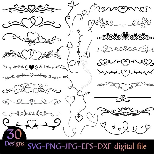 ロマンチックな渦巻きライン区切り線バンドル SVG PNG ボーダー クリップアート ハート 華やかなデザイン - Etsy 日本