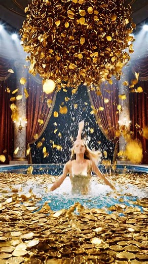 Firefly An elegant white woman diving into a pool full of gold coins, , shiny gold everywher